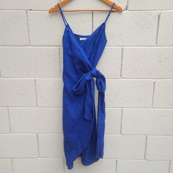 Reformation | Court Linen Midi Wrap Dress Royal Blue Size Small - Picture 2 of 7